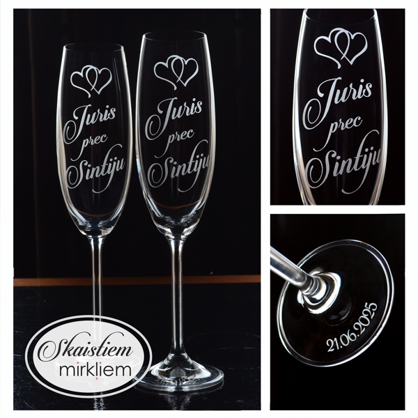 Kāzu glāzes "Juris pret Sintiju" ar divu sirsniņu gravējumu un datumu