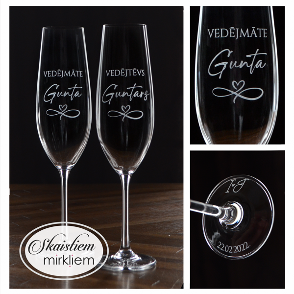 Vedēju glāzes Guntai un Guntaram ar elegantu fontu un bezgalības zīmi