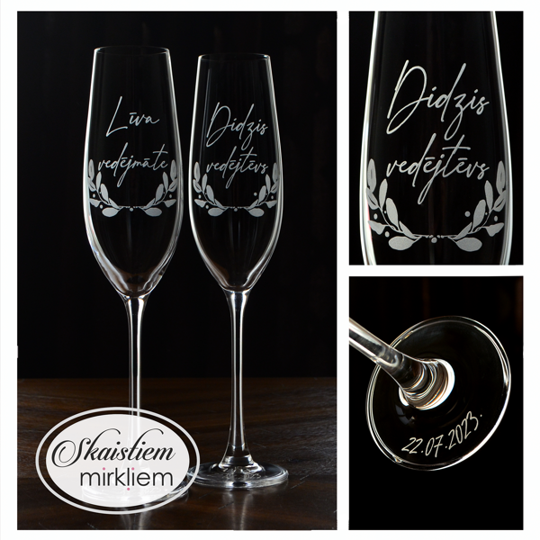 Elegants vedēju glāžu gravējums Līvai un Didzim ar smalku eikalipta lapu dekoru