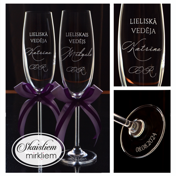 Personalizētas glāzes vedējiem Katrīnai un Mihailam ar violetām lentēm