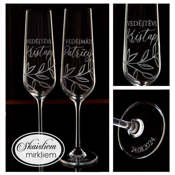 Personalizētas glāzes vedējiem Kristapam un Patrīcijai ar smalku lapu dekoru