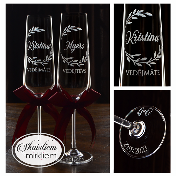 Personalizētas glāzes Kristīnei un Igoram ar lapiņām un tumši sarkanām lentēm