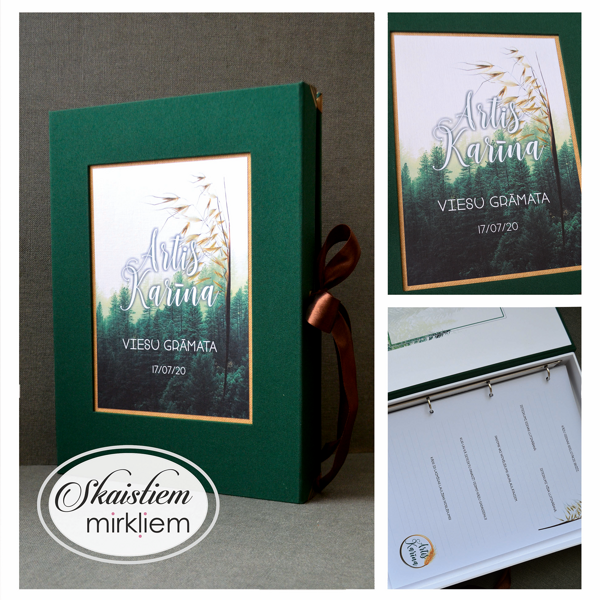 Viesu grāmata kāzām ar zaļu auduma vāku un smilgu motīva unikālu dizainu