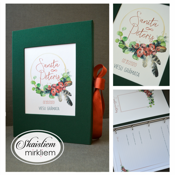 Personalizējamas viesu grāmatas ar zaļu vāku un košu ziedu vainaga grafiku