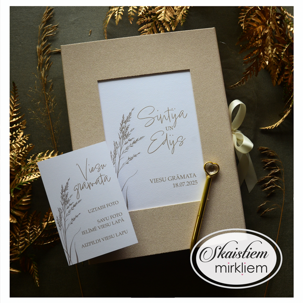 Boho stila viesu grāmata ar vārpu dekoru un īpašām anketām ar jautājumiem kāzu viesiem