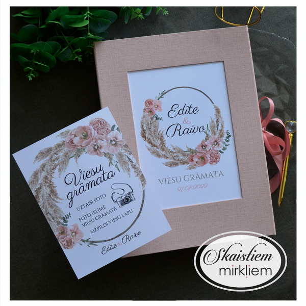 Vecrozā materiāla viesu grāmata ar izņemamām lapām un anketām boho kāzu tematikā