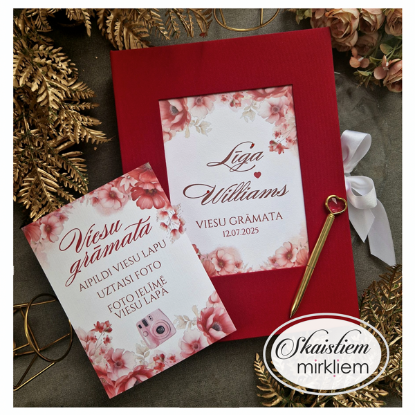 Eleganta sarkana auduma viesu grāmata ar romantisku rožu ziedu apdruku un anketām ar foto 