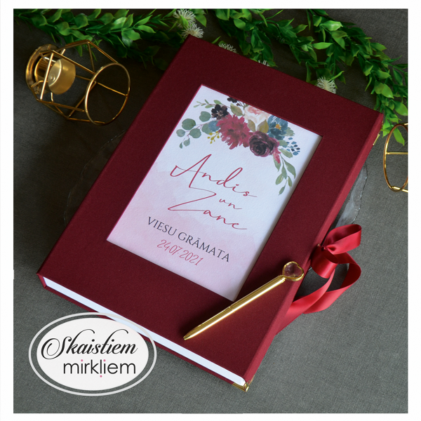 Eleganta sarkana auduma viesu grāmata ar ziedu motīva printu un individuālu saturu