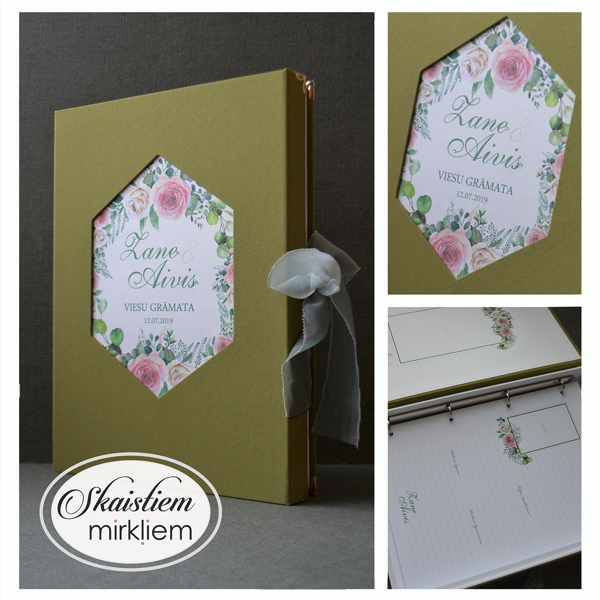 Olīvzaļa auduma viesu grāmata ar sešstūra rāmja padziļinājumu un rozā ziediem