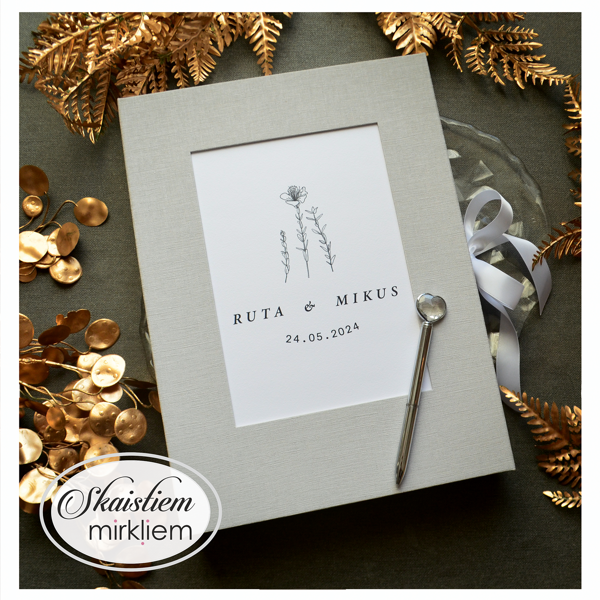 Pelēka viesu grāmata ar grafisku ziedu motīvu un vietu viesu novēlējumu anketām