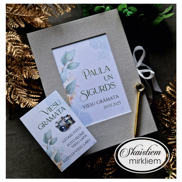 Viesu grāmata no pelēka materiāla ar maigu eikalipta printu un info lapu