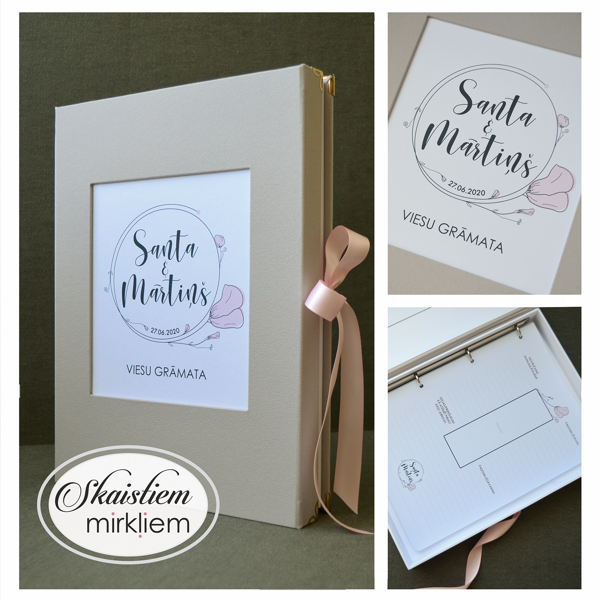 Gaiši pelēka dekoratīvā auduma viesu grāmata ar pāra logo, izņemamām anketu lapām