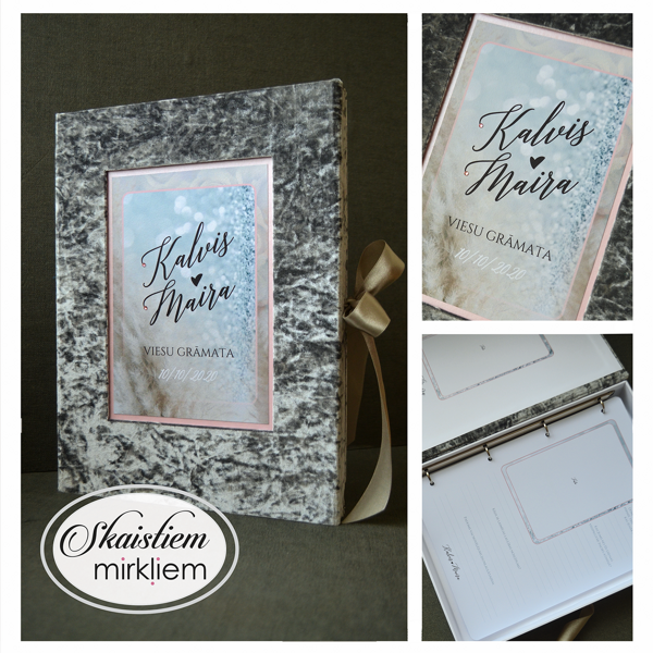 Viesu grāmata ar pelēka samta audumu un vietu viesu anketām ar jautājumiem