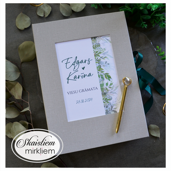 Viesu grāmata pelēkā tonī ar smalku lapiņu printu un anketu lapām