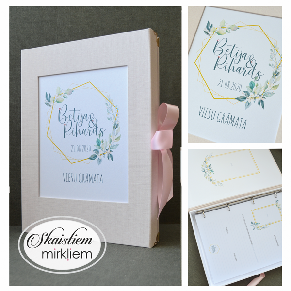 Viesu grāmata gaiši rozā tonī ar zelta sešstūra rāmja printu, lapiņu motīviem