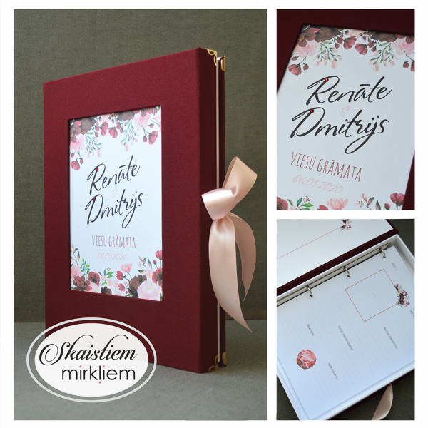 Eleganta sarkana auduma viesu grāmata ar sārtu ziedu printu un vietu momentfoto bildēm