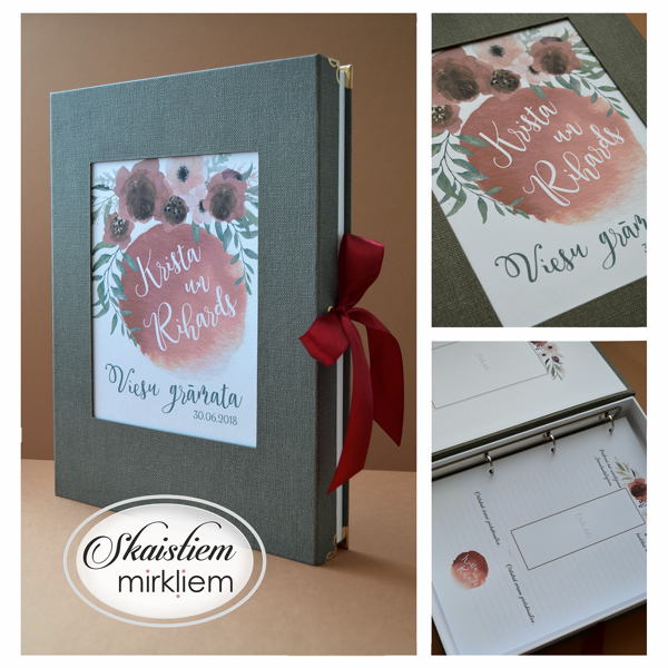 Tumši pelēka dekoratīvā auduma viesu grāmata ar bordo ziedu printu un anketas lapām