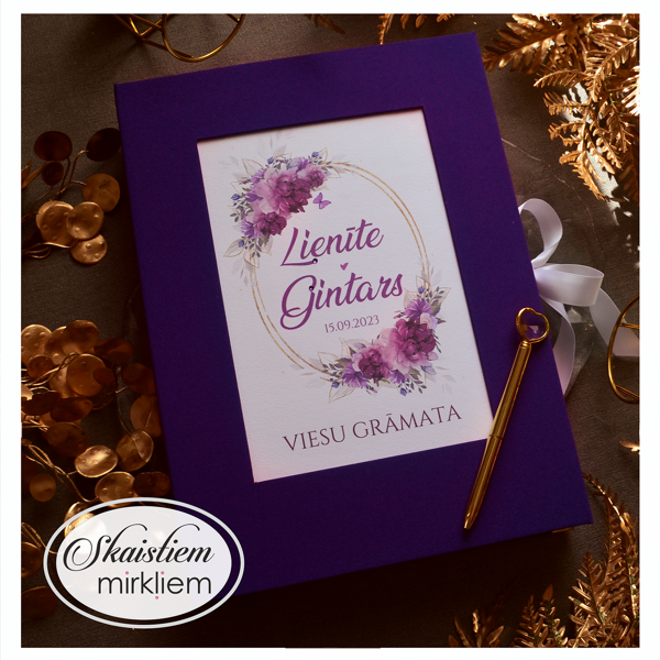 Tumši violeta auduma viesu grāmata ar zelta apļa rāmja printu un ziedu motīvu