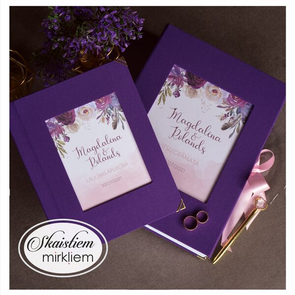 Violetā toņa viesu grāmata un laulības apliecības vāku komplekts