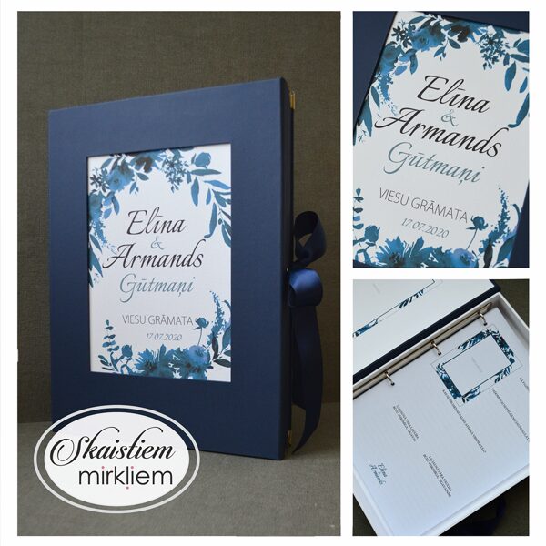 Tumši zila viesu grāmata ar ziedu, lapu printu un anketu parauga lapu