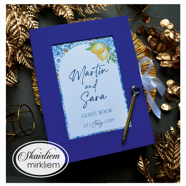 Ivory toņa viesu grāmata ar košu citronu un ziedu vainaga printu