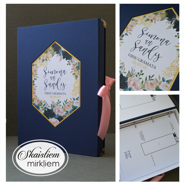Tumši zila viesu grāmata ar zelta sešstūra rāmja printu un ziedu motīviem