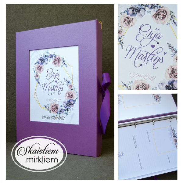 Violeta toņa viesu grāmata ar zelta sešstūra rāmja printu, ziedu motīviem un anketu paraug