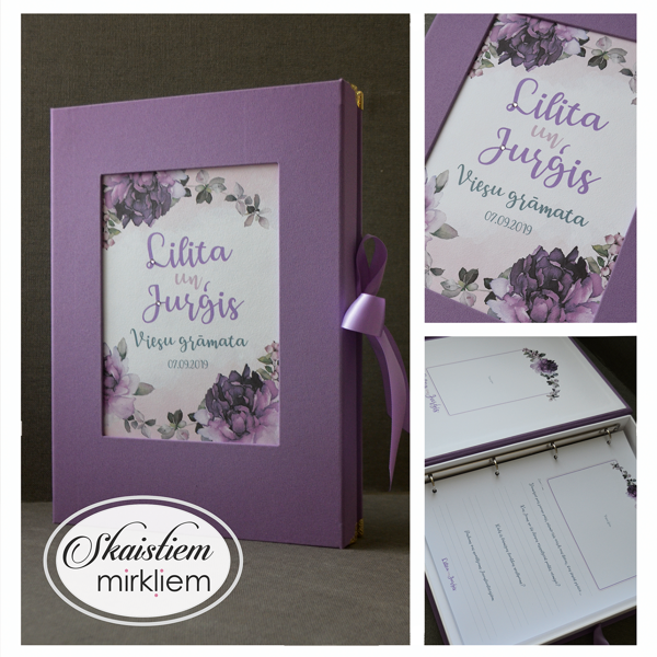 Viesu grāmata violetā tonī ar peoniju ziedu printu un saskaņotām anketu lapām