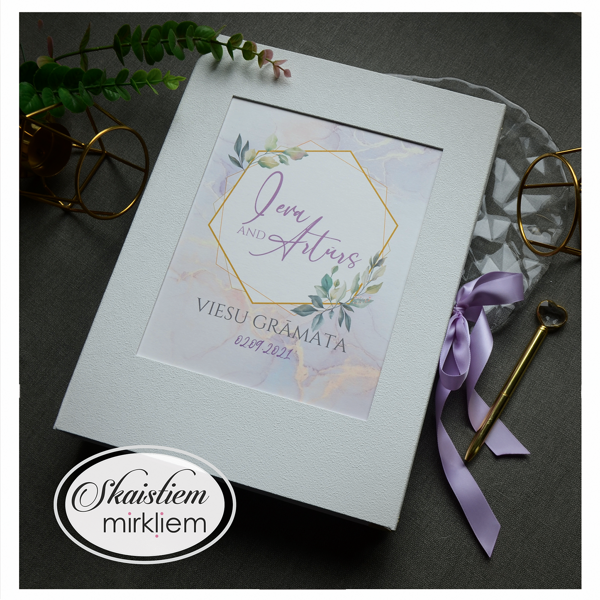 Eleganta dekoratīva materiāla viesu grāmata ar lapiņu motīvu un vietu momentfoto bildēm an