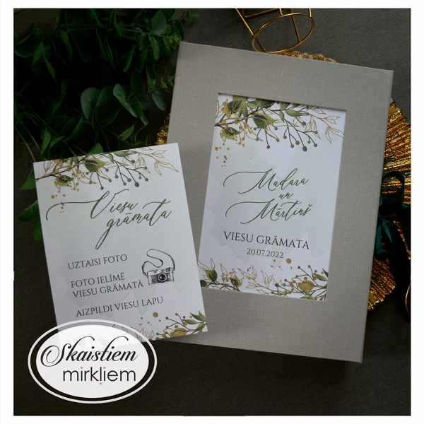 Eleganta pelēka viesu grāmata ar zelta un zaļu lapu printu un anketām