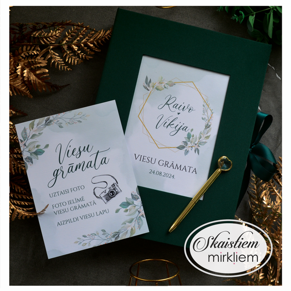 Personalizējamas viesu grāmatas ar zaļu audumu un klasisku lapu printu