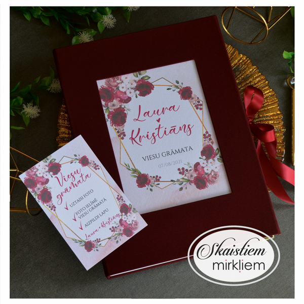 Bordo auduma viesu grāmata ar bagātīgu ziedu rāmja printu un personalizētām anketām