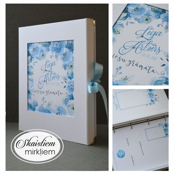 Gaiši balta viesu grāmata ar maigu akvareļu ziedu printu un anketas veida lapām