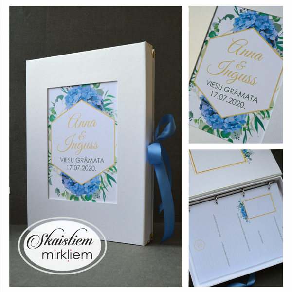 Gaiša viesu grāmata ar zelta sešstūra rāmja printu, ziliem ziediem un izņemamām lapām