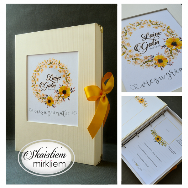 Saulaini dzeltena viesu grāmata ar košu saulespuķu vainaga printu un dzeltenu lenti