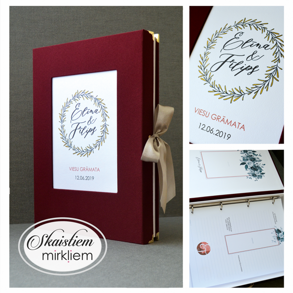 Bordo auduma viesu grāmata ar minimālistisku zelta lapu vainaga printu un izņemamām lapām