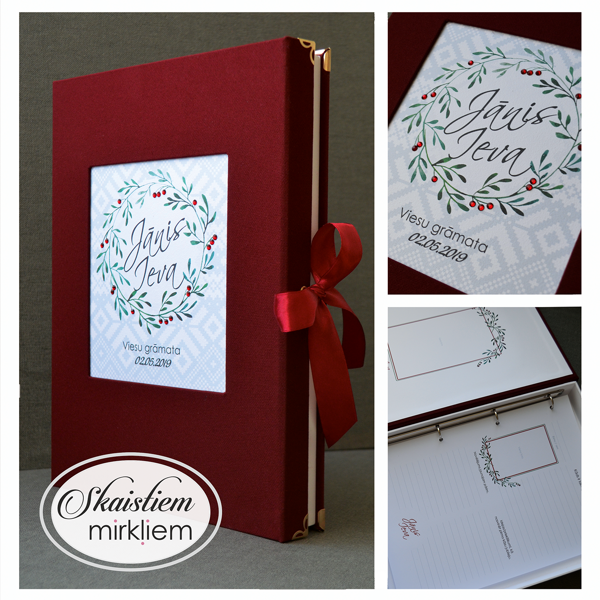 Sarkana auduma viesu grāmata ar augu vainaga printu un personalizētām lapām
