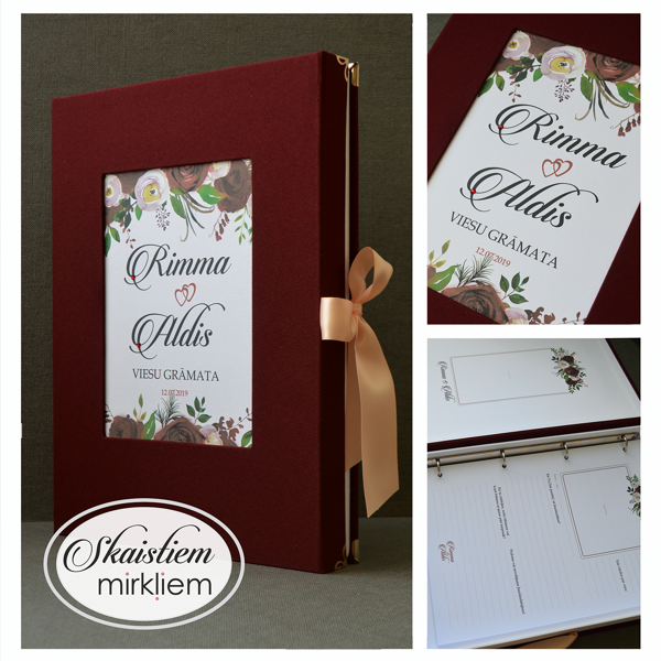 Bordo viesu grāmata ar romantisku ziedu printu un individuāli pielāgotu anketu saturu