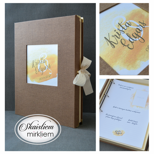 Viesu grāmata no brūna materiāla ar saulaini dzeltenu akvareļa laukuma printu 