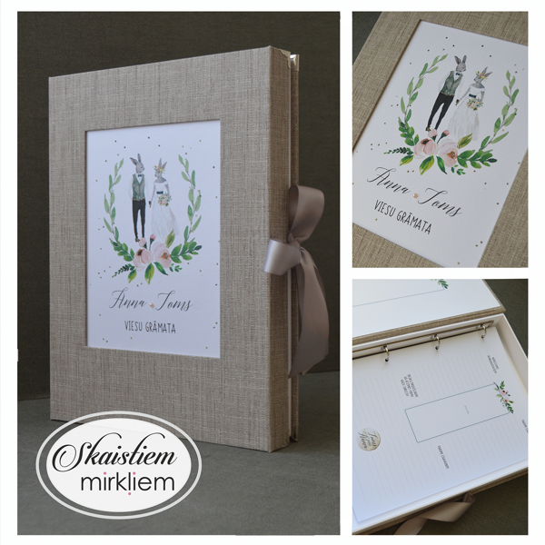 Viesu grāmata brūnā tonī ar personificētu jauno pāra ilustrāciju un elegantu lenti