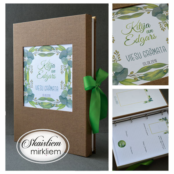 Brūna viesu grāmata ar bagātīgu zaļo augu vainaga printu un personalizētām lapām