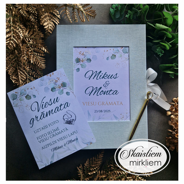 Sage green dekoratīvā materiāla viesu grāmata ar eikalipta lapu printu