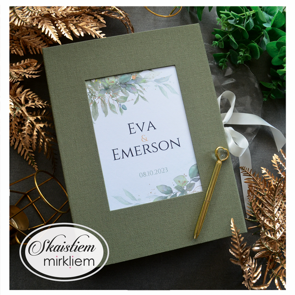 Olīvzaļa viesu grāmata ar lapu printa dizainu un personificētu vāka apdruku