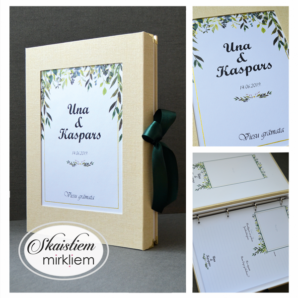 Gaiši brūna viesu grāmata ar smalku zaļo lapu printu un tumši zaļu lenti