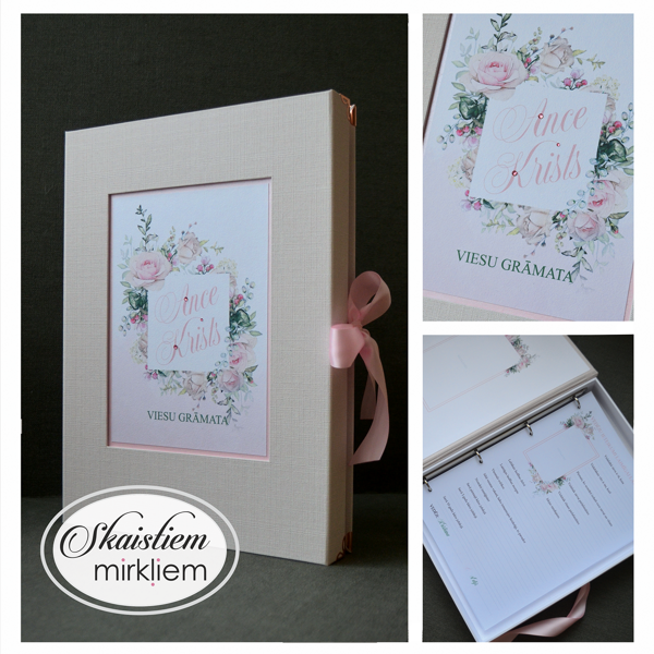 Viesu grāmata rozā tonī ar vertikālu rozā ziedu joslas printu vāka centra