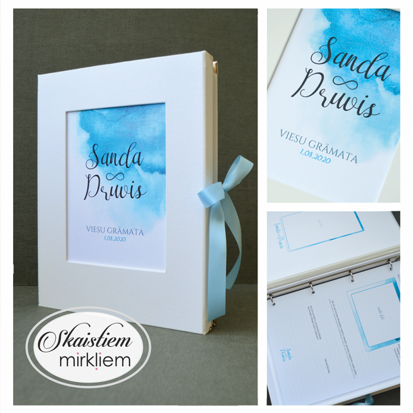 Balta auduma viesu grāmata ar izteiksmīgu zilā akvareļa laukuma printu un zilu lentīti