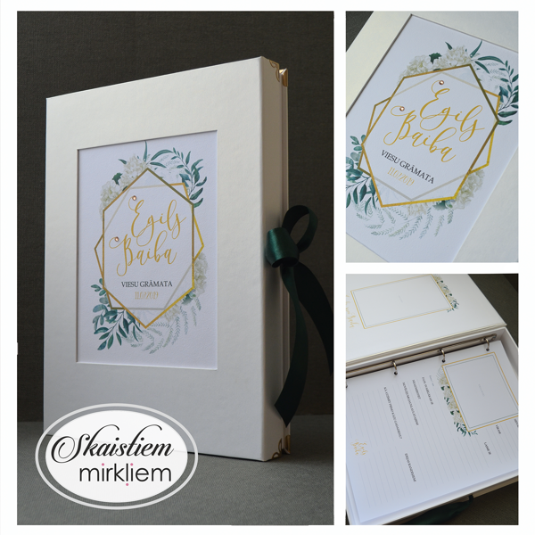 Šampanieša krāsas viesu grāmata ar zelta rāmja, lapu printu un anketas veida lapām