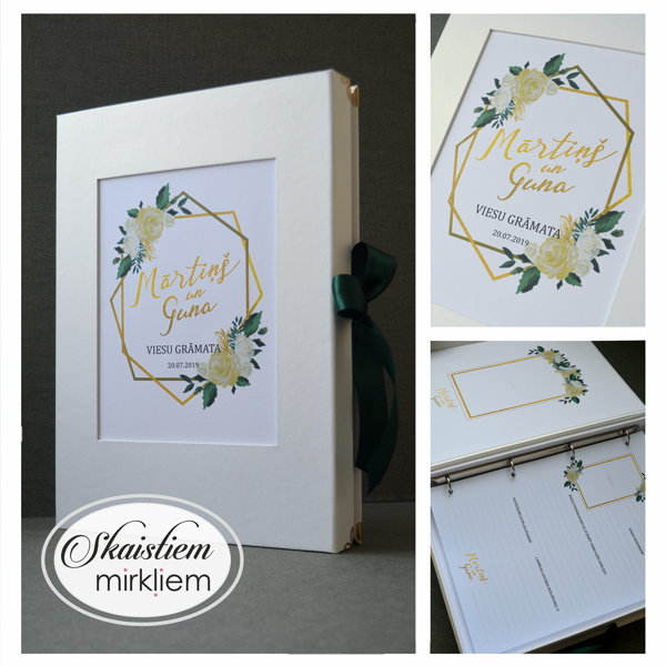 Viesu grāmata krēmkrāsas tonī ar sešstūra rāmja printu, dzelteniem ziediem un zaļu lenti