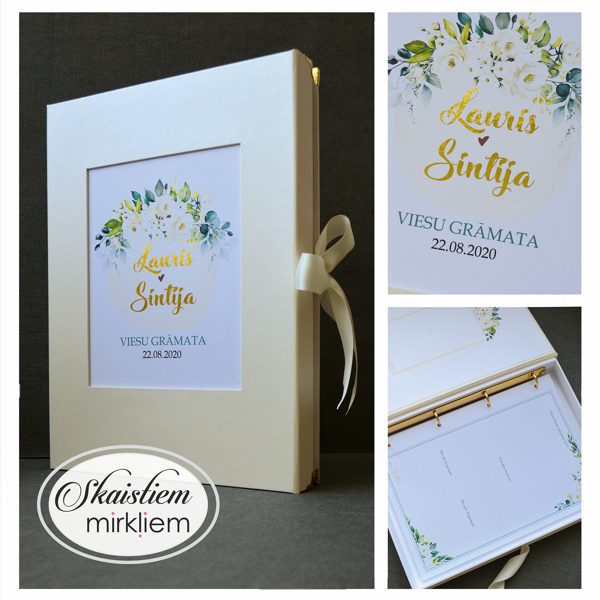 Viesu grāmata šampanieša tonī ar zelta vārdiem un ziedu printu