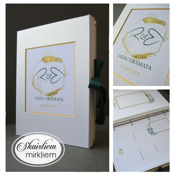 Viesu grāmata ar abstraktu zelta triepienu printu un iniciāliem